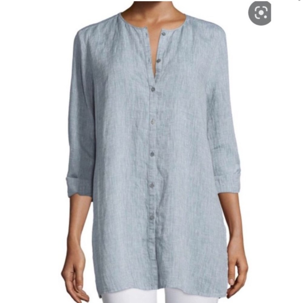 Eileen fisher blue linen button front long sleeve top
